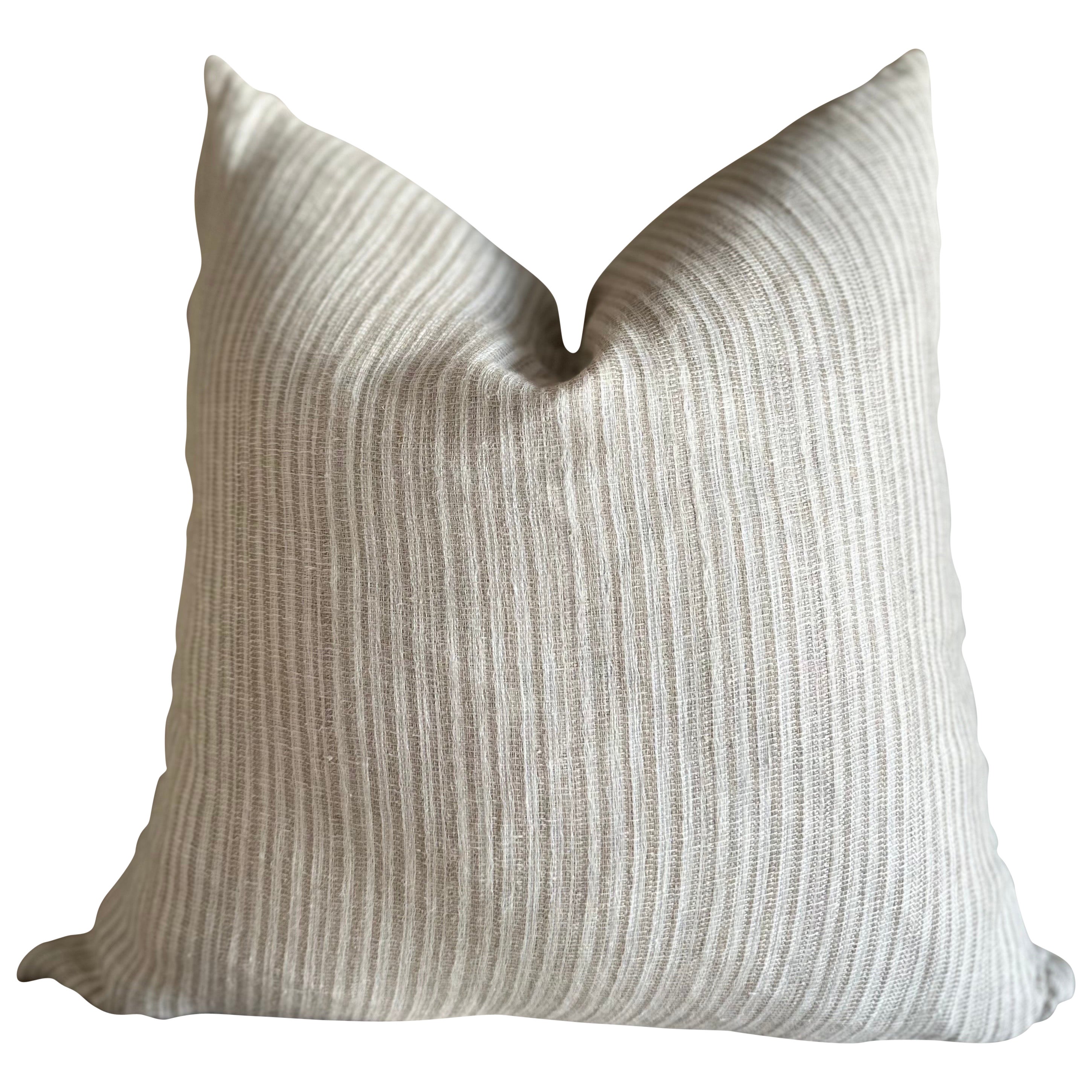 French Linen Natural Stripe Pillow with Down Insert For Sale