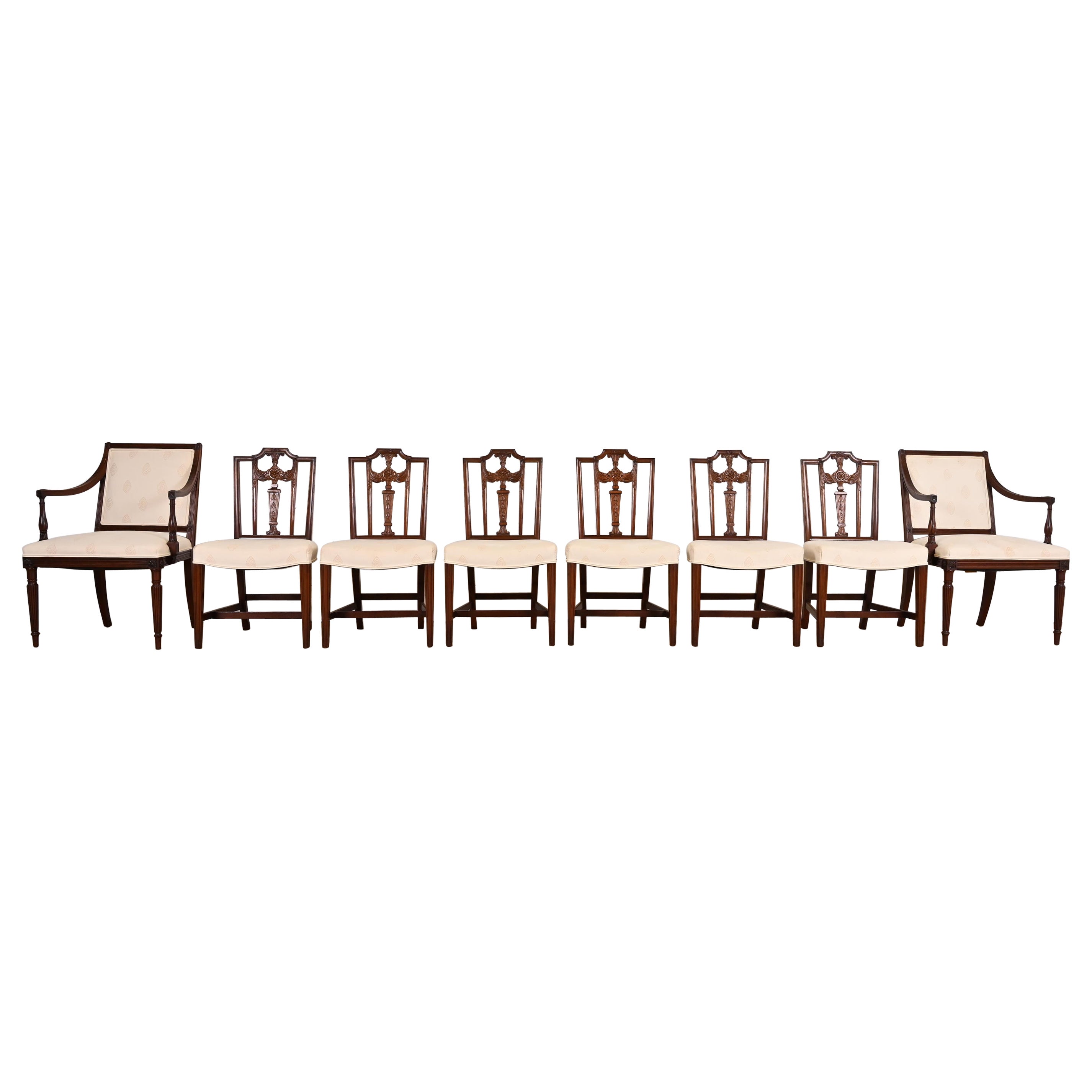 French Regency Louis XVI Carved Mahogany Dining Chairs, Set of Eight