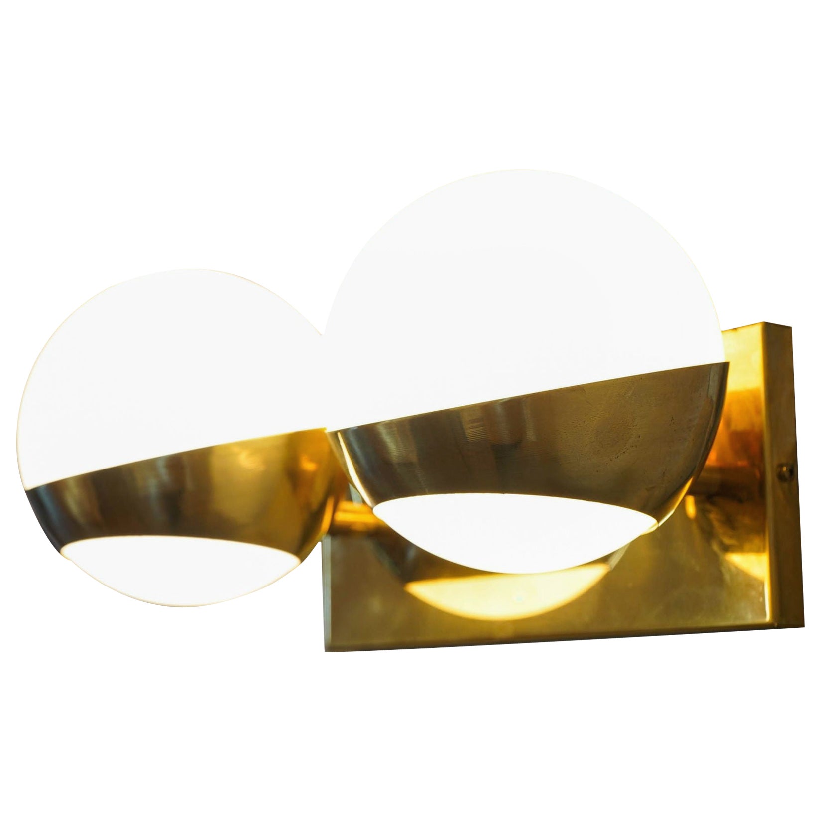Siderale Twin Shades Brass and Lattimo glass Sconce, Silvio Piattelli Design For Sale