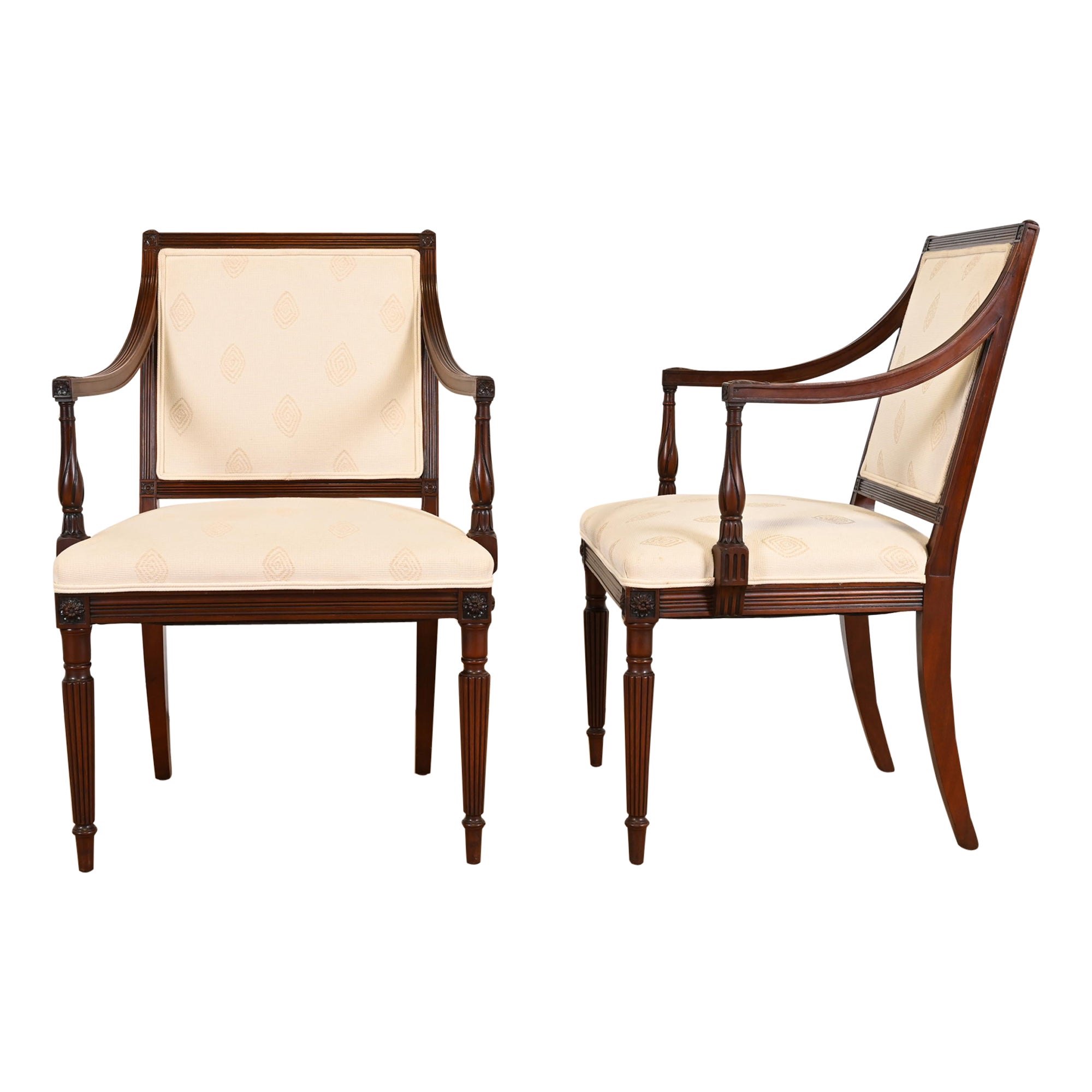 French Regency Louis XVI Carved Mahogany Arm Chairs, Pair For Sale