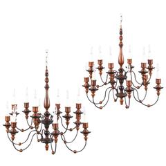 Vintage Pair of Italian Painted Wood and Metal 12-Light Chandeliers