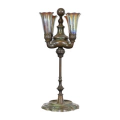 Tiffany Studios New York Bronze Four-Light Table Lamp With Favrile Glass Shades