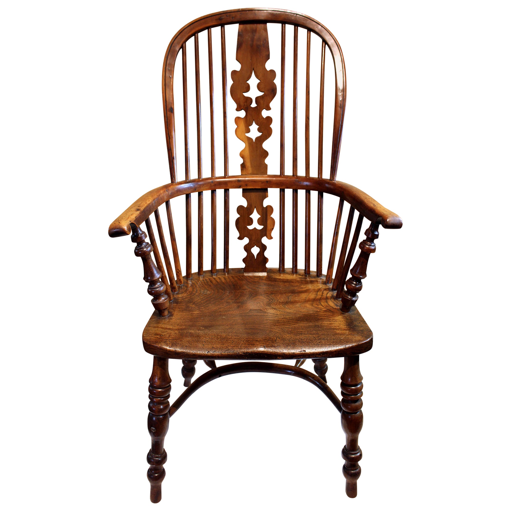 Circa 1830 English High Back Windsor Arm Chair, Yew Wood For Sale