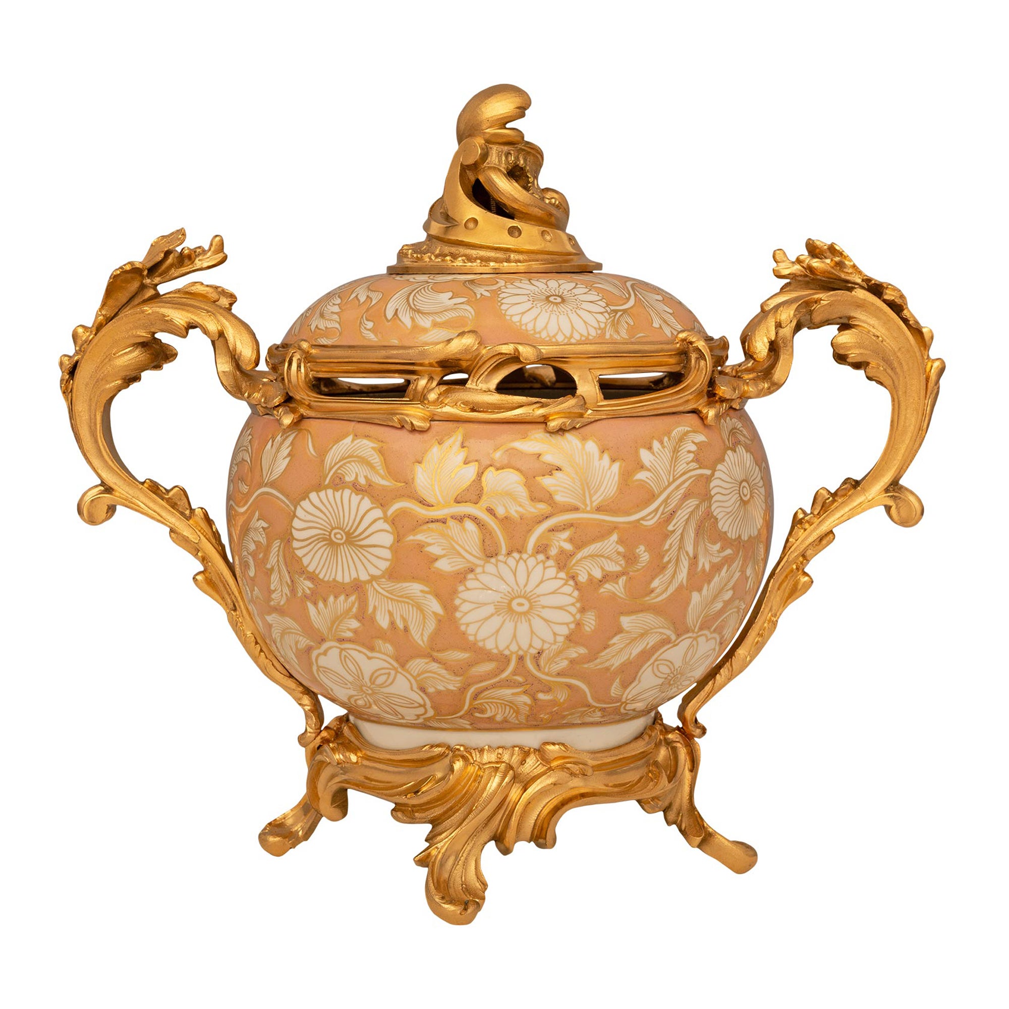 Französische Urne aus chinesischem Exportporzellan und Goldbronze mit Deckel, Louis XV.-Stil, 19. Jahrhundert
