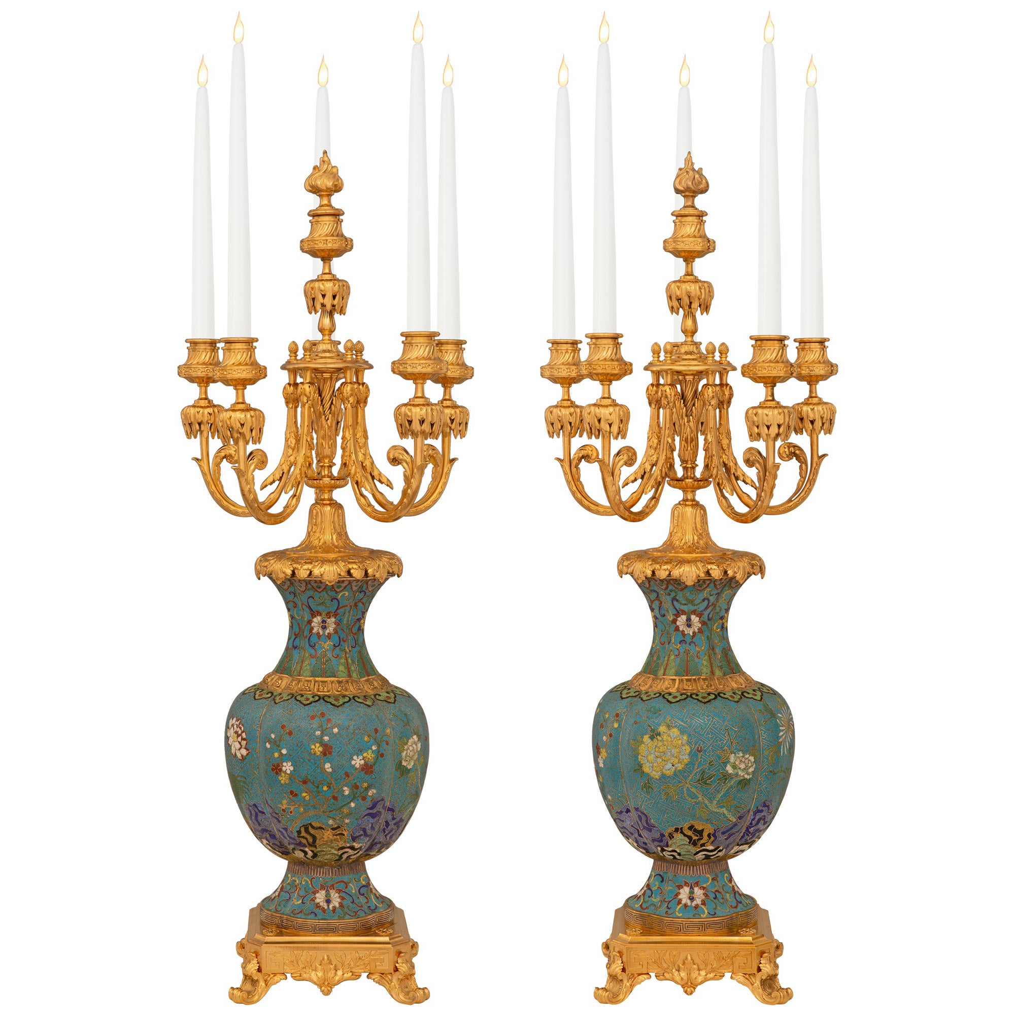 Pair Of French 19th Century Louis XV St. Cloisonné And Ormolu Candelabras For Sale