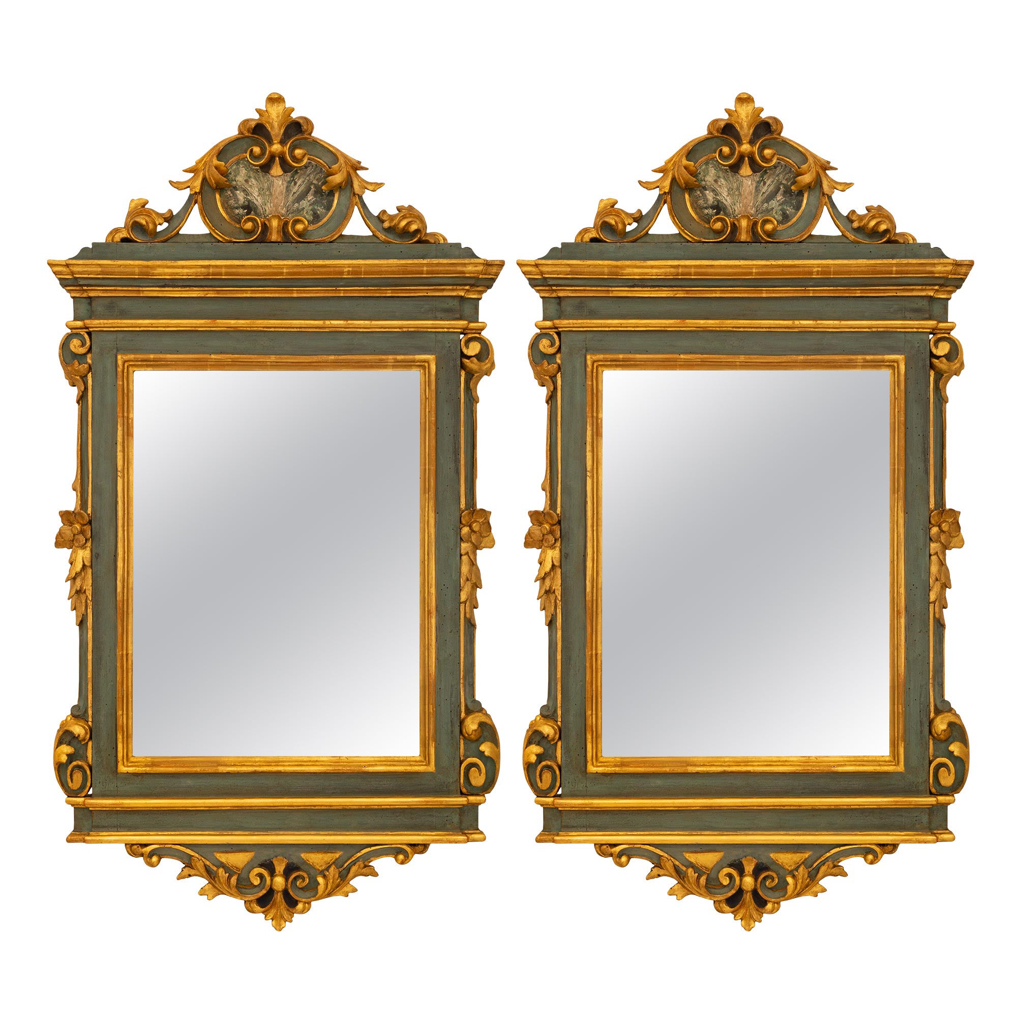 Pair Of Italian 19th Century Baroque St. Giltwood And Green Polychrome Mirrors