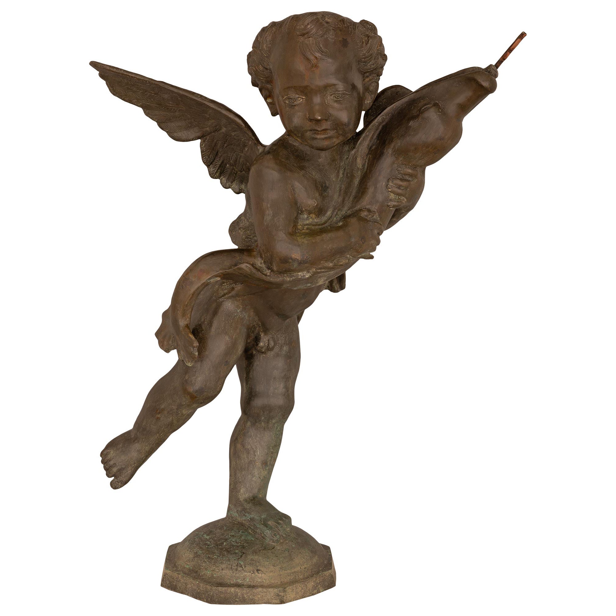 French 19th Century Cast Iron Fountain Of A Young Boy Holding A Dolphin