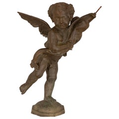 Antique French 19th Century Cast Iron Fountain Of A Young Boy Holding A Dolphin