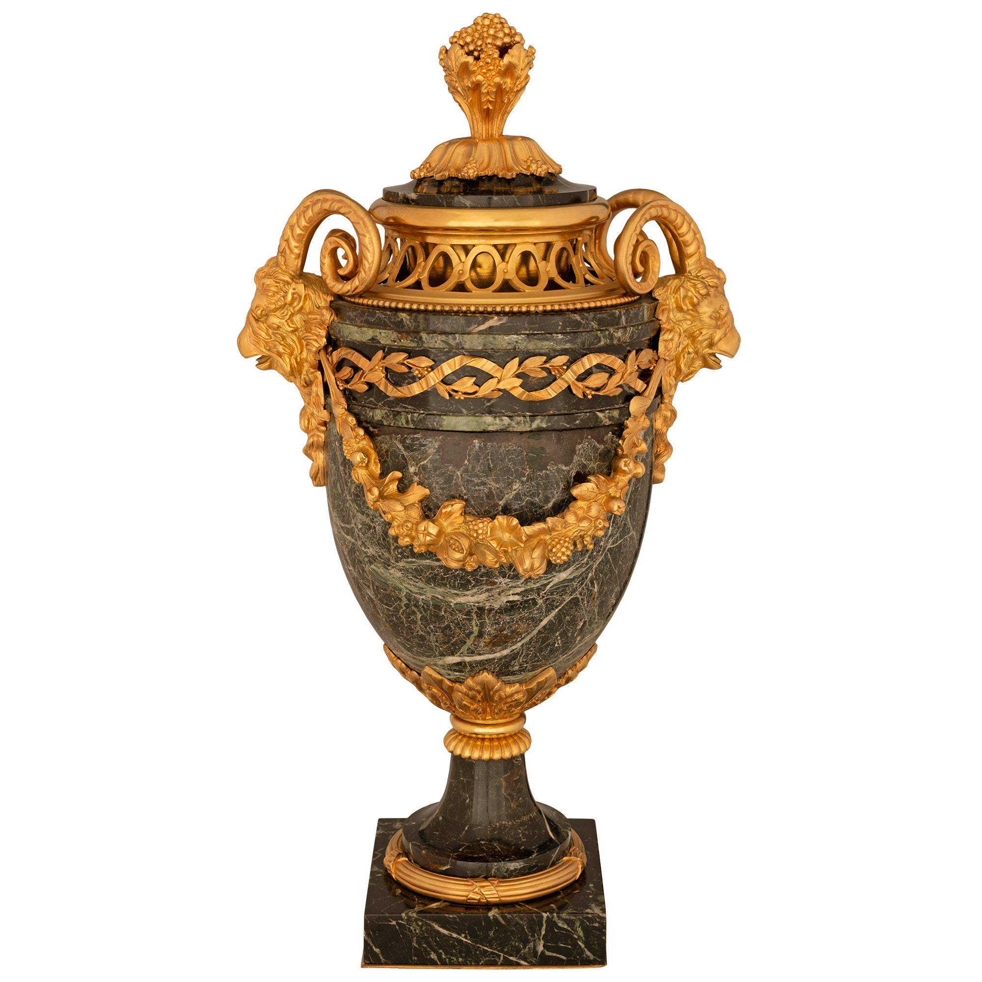 French 19th Century Louis XVI St. Vert De Patricia Marble And Ormolu Lidded Urn For Sale