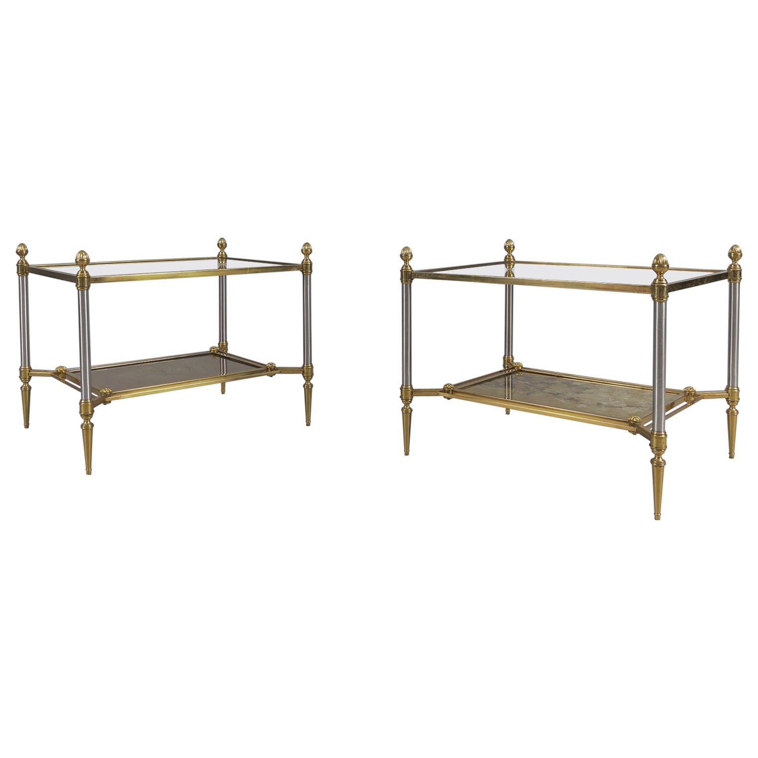 Pair of Italian Side Tables in Brass and Glass, 1960s Hollywood Regency For Sale