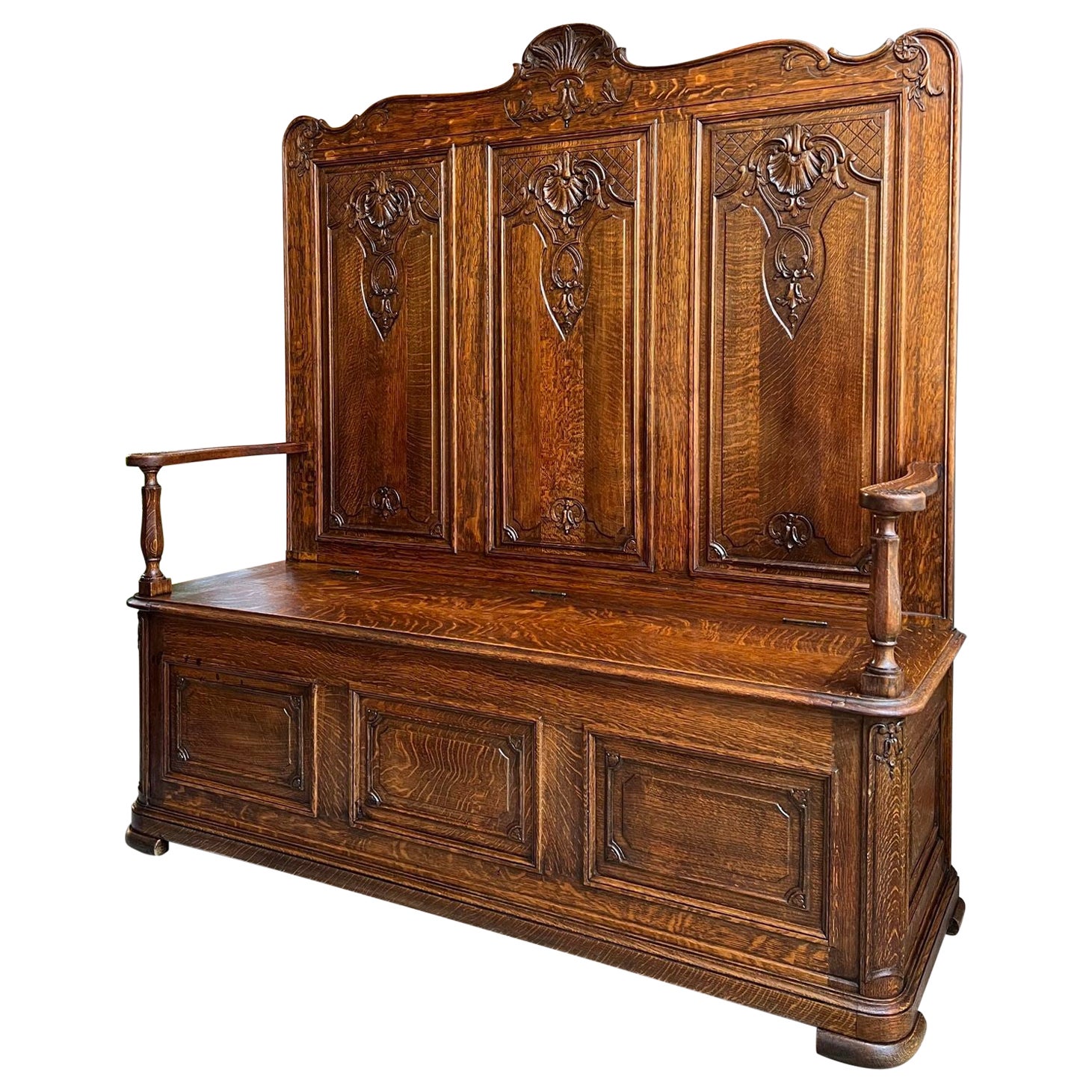 TALL Antique French Louis XV Bench Settle Pew Carved Tiger Oak Chest Foyer Entry For Sale