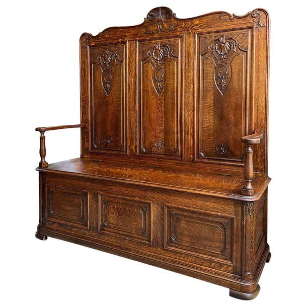 TALL Antique French Louis XV Bench Settle Pew Carved Tiger Oak Chest ...