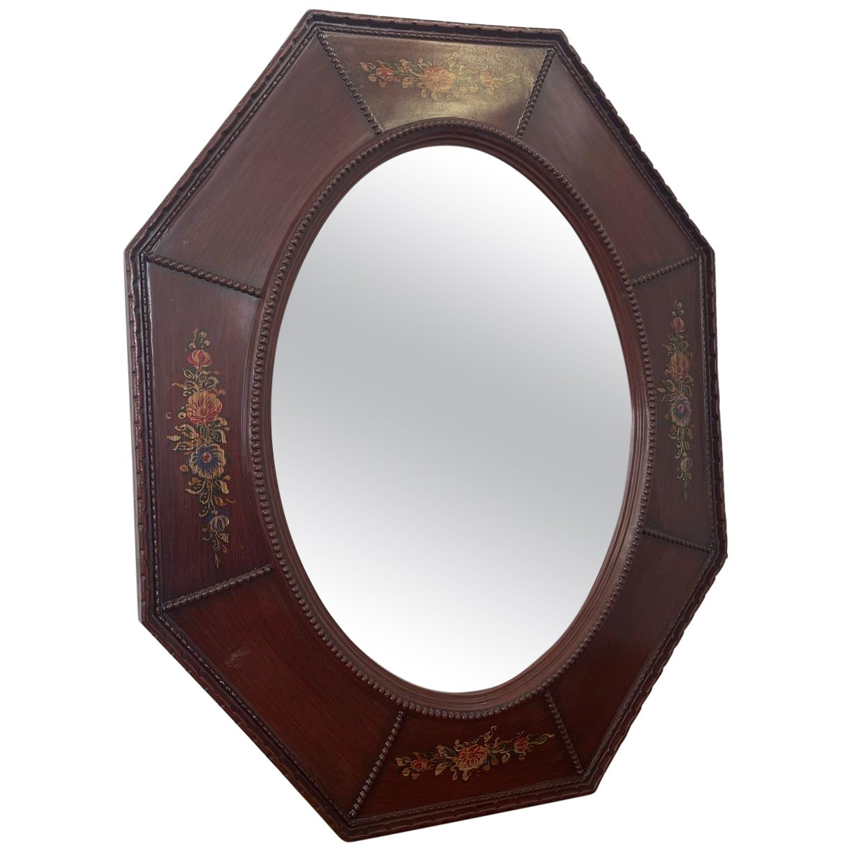Vintage Wood Framed Octagonal Mirror With Floral Motif by Windsor Art For Sale