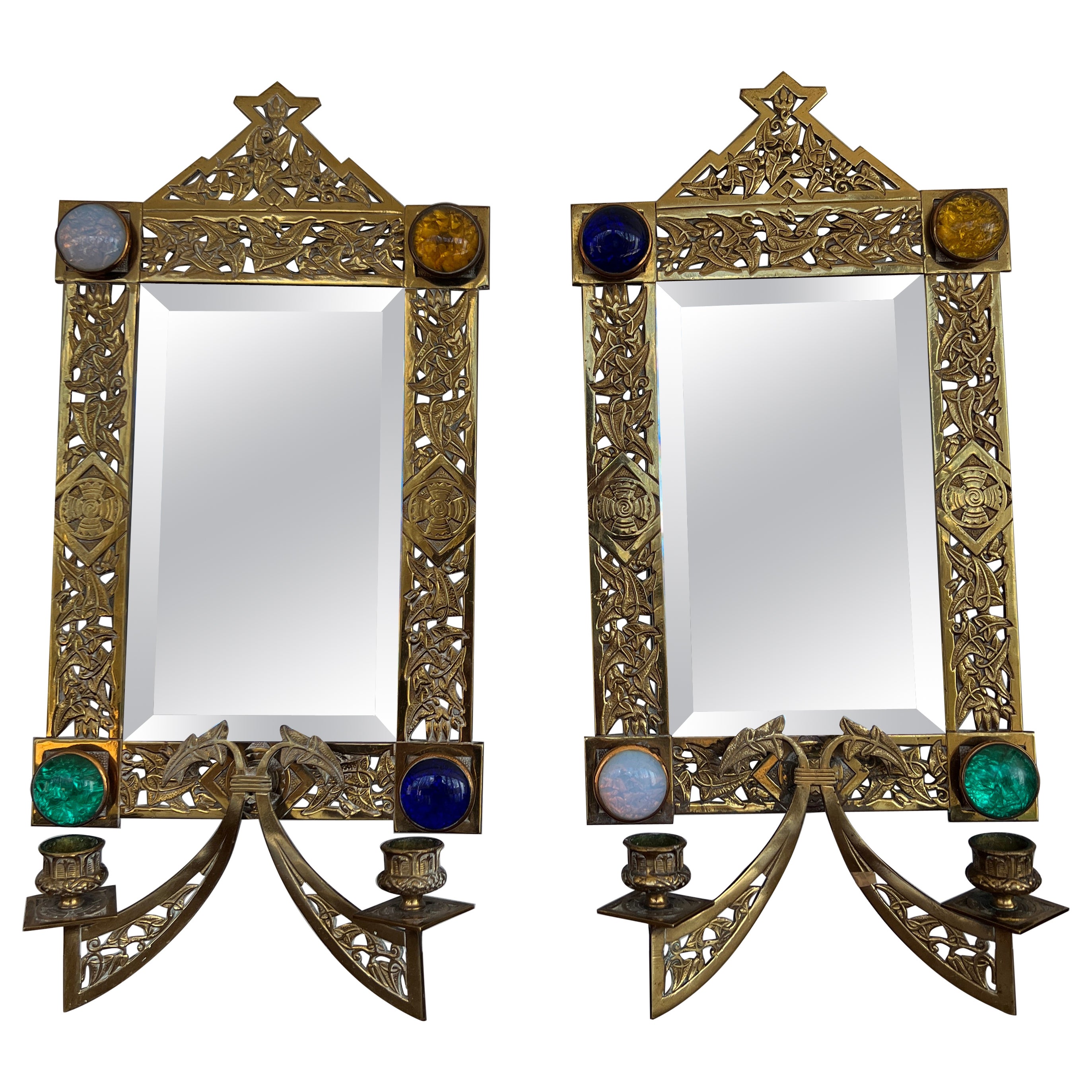 Pair, Aesthetic Movement Jeweled Bronze 2-Candle Wall Mirrors C. 1890 For Sale