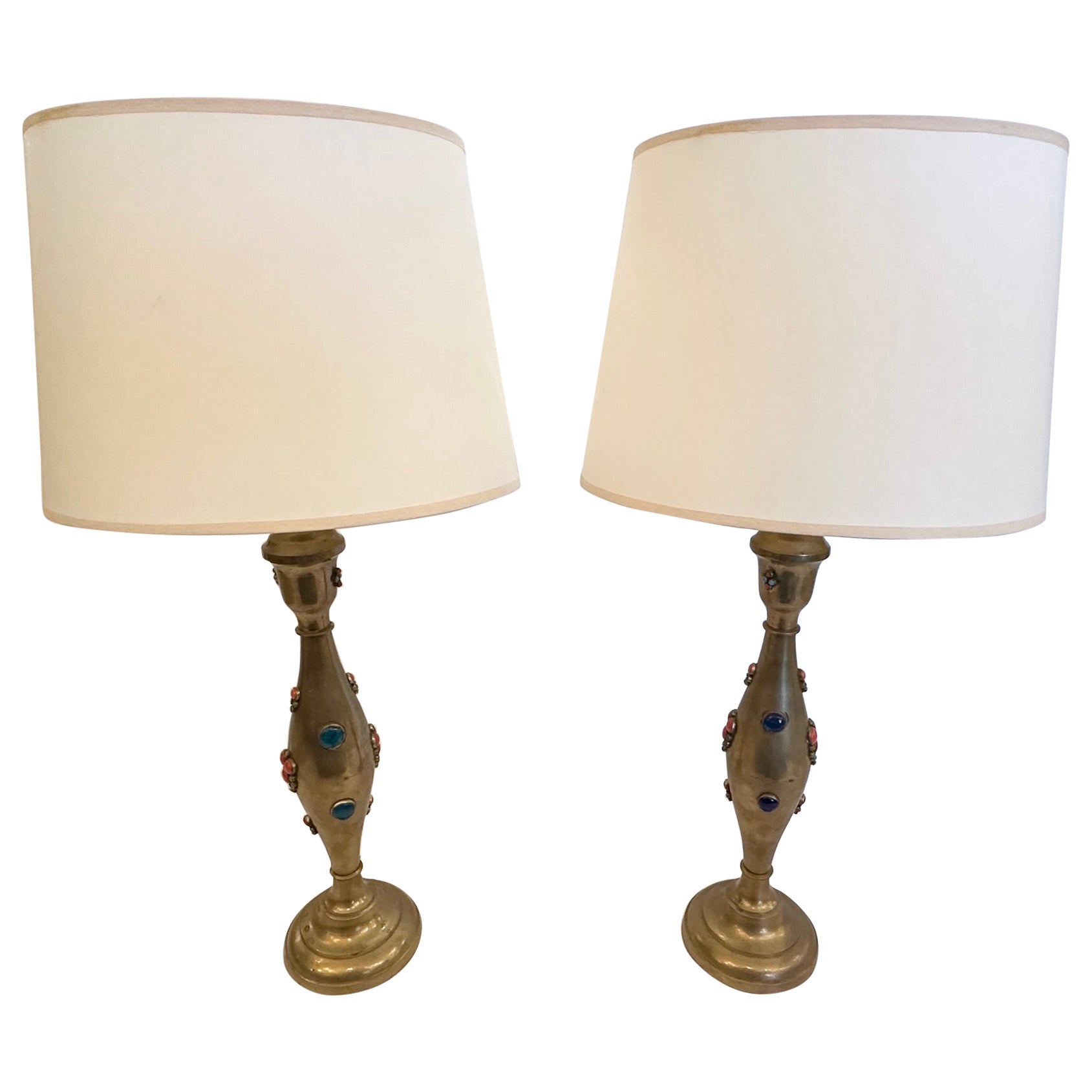 Pair of Jeweled Brass Lamps with Colored Semiprecious Stones For Sale