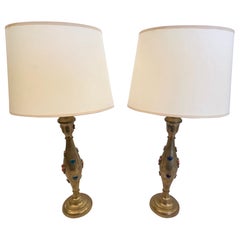 Pair of Jeweled Brass Lamps with Colored Semiprecious Stones