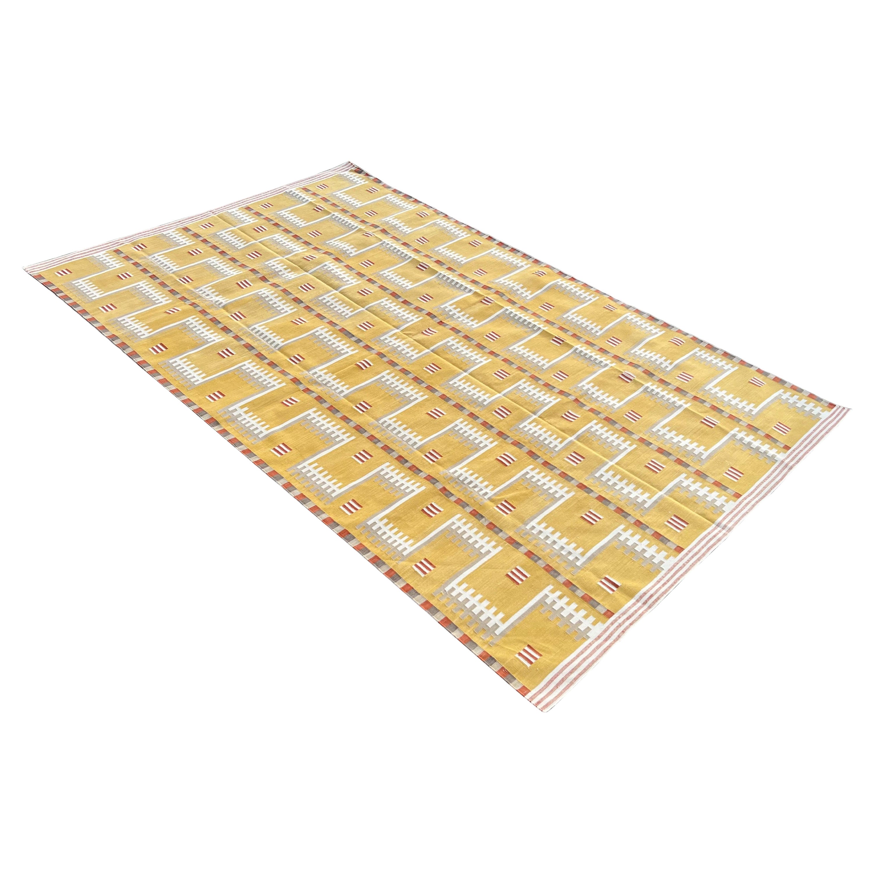 Handmade Cotton Area Flat Weave Rug, Mustard And Beige Geometric Indian Dhurrie For Sale