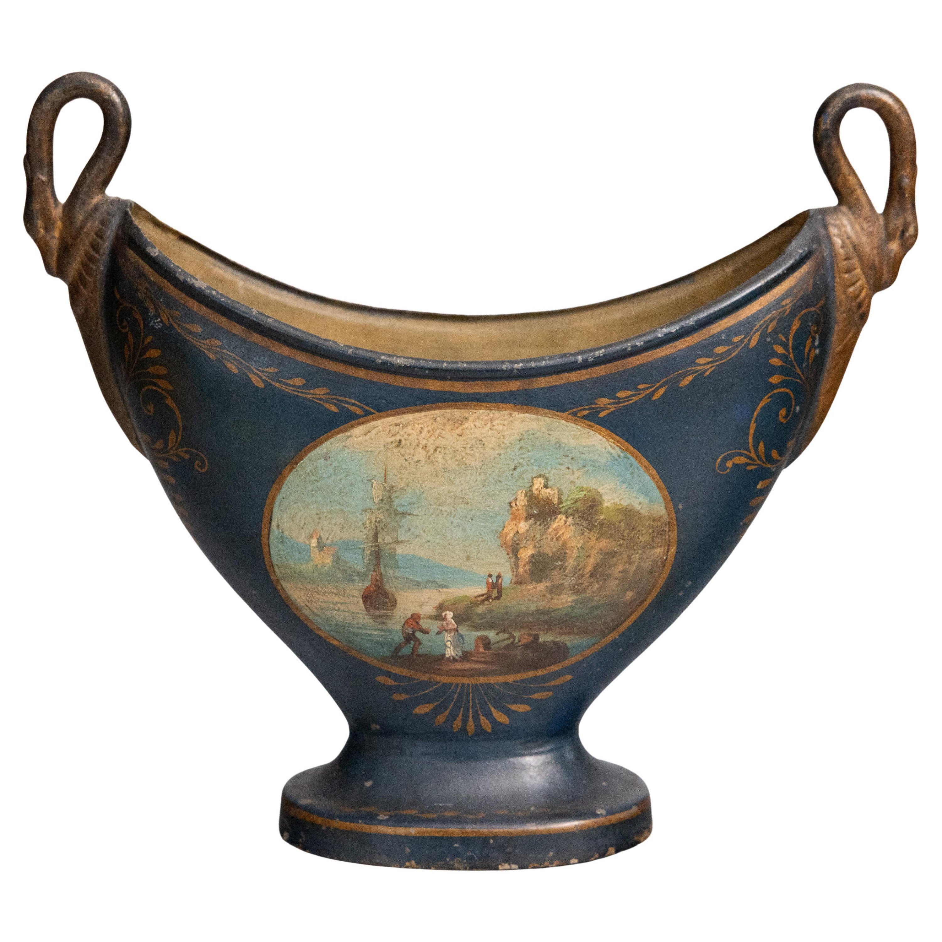 19th C. French Empire Tole Pedestal Jardiniere Cachepot Urn With Bronze Swans For Sale