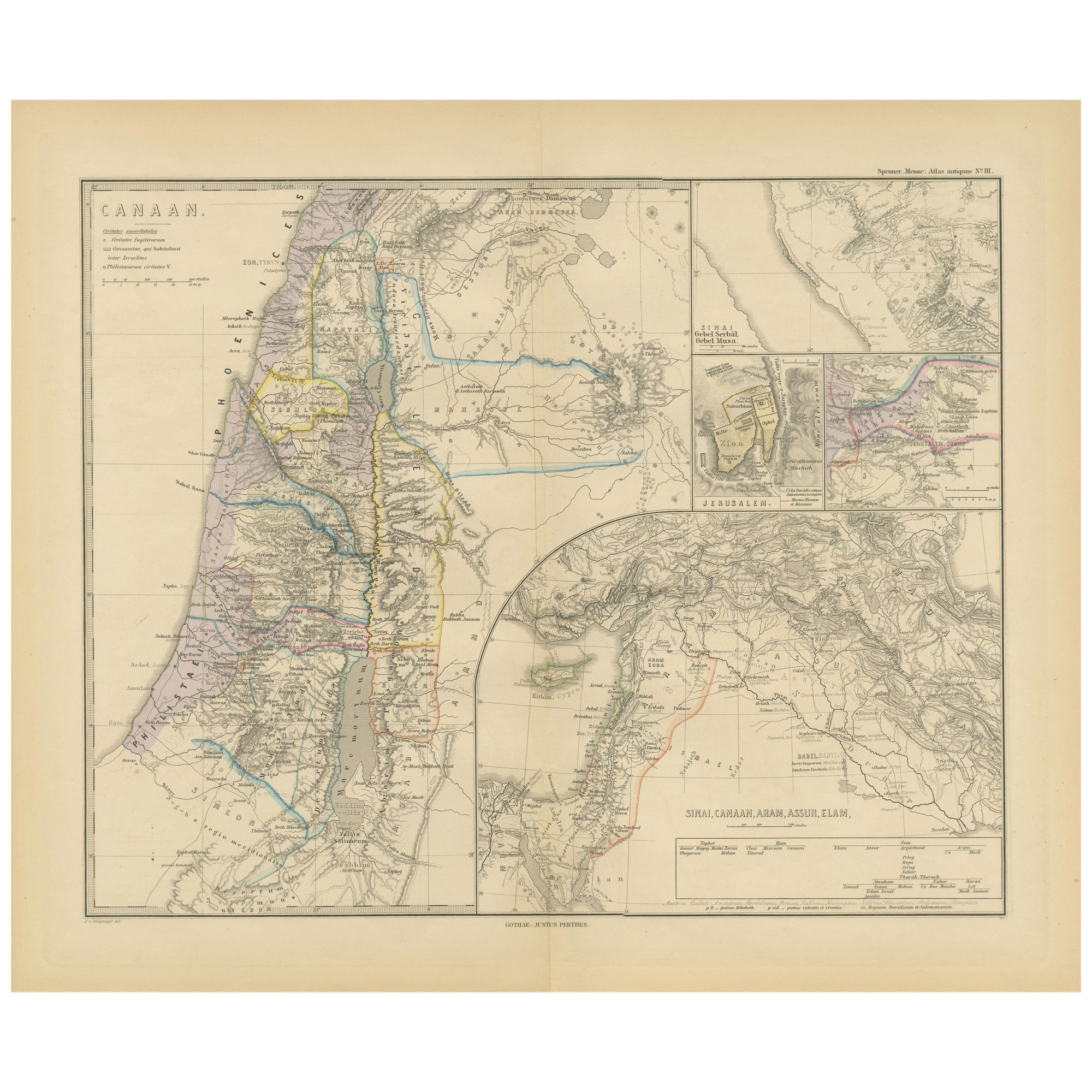 Historical Map of Canaan with Insets of Jerusalem and Surrounding Regions, 1880 For Sale