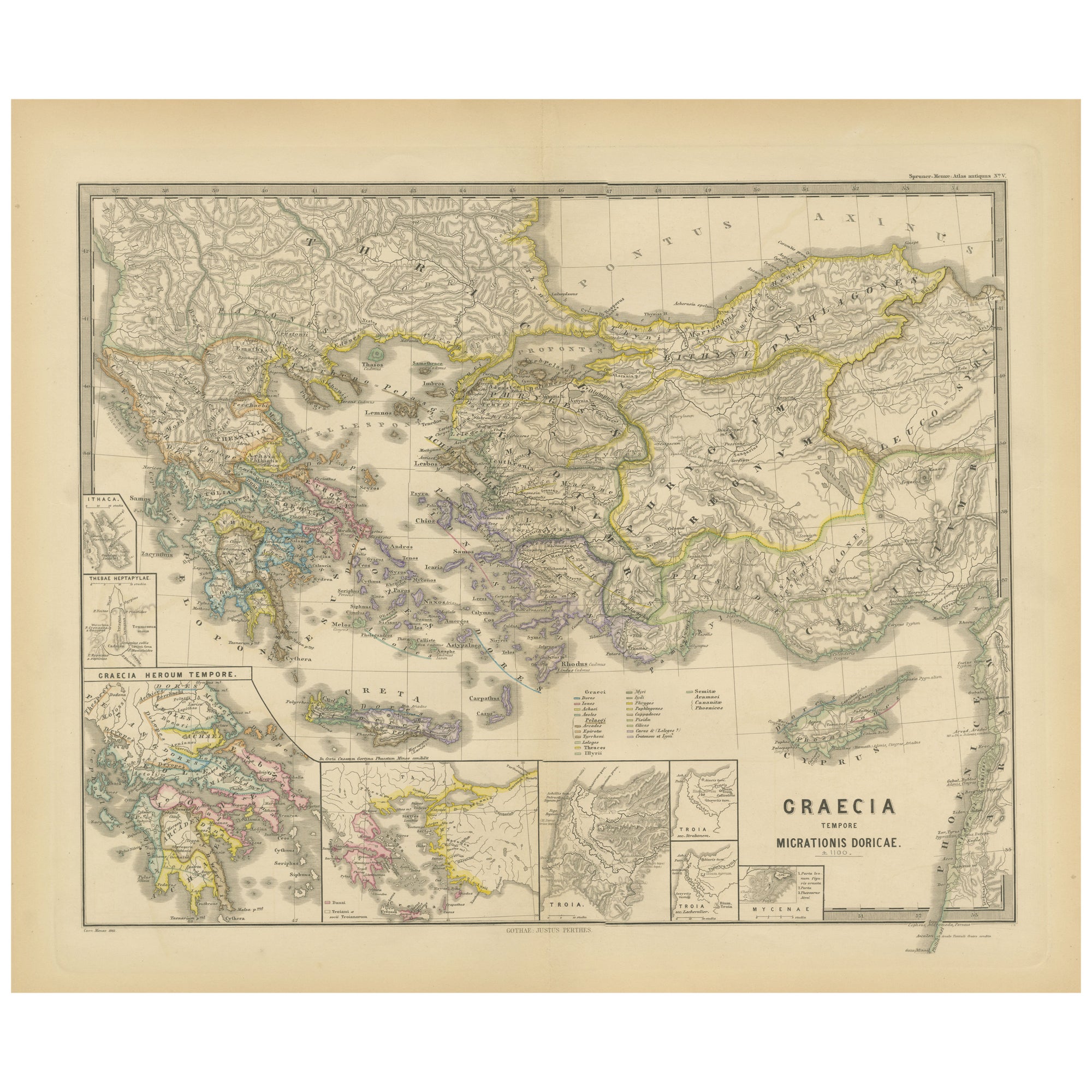 Original Map of Greece at the Time of the Dorian Migration, Published in 1880 For Sale