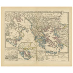 Carte de Grèce, Macédoine, course du temps de la guerre du Peloponnésie, 1880