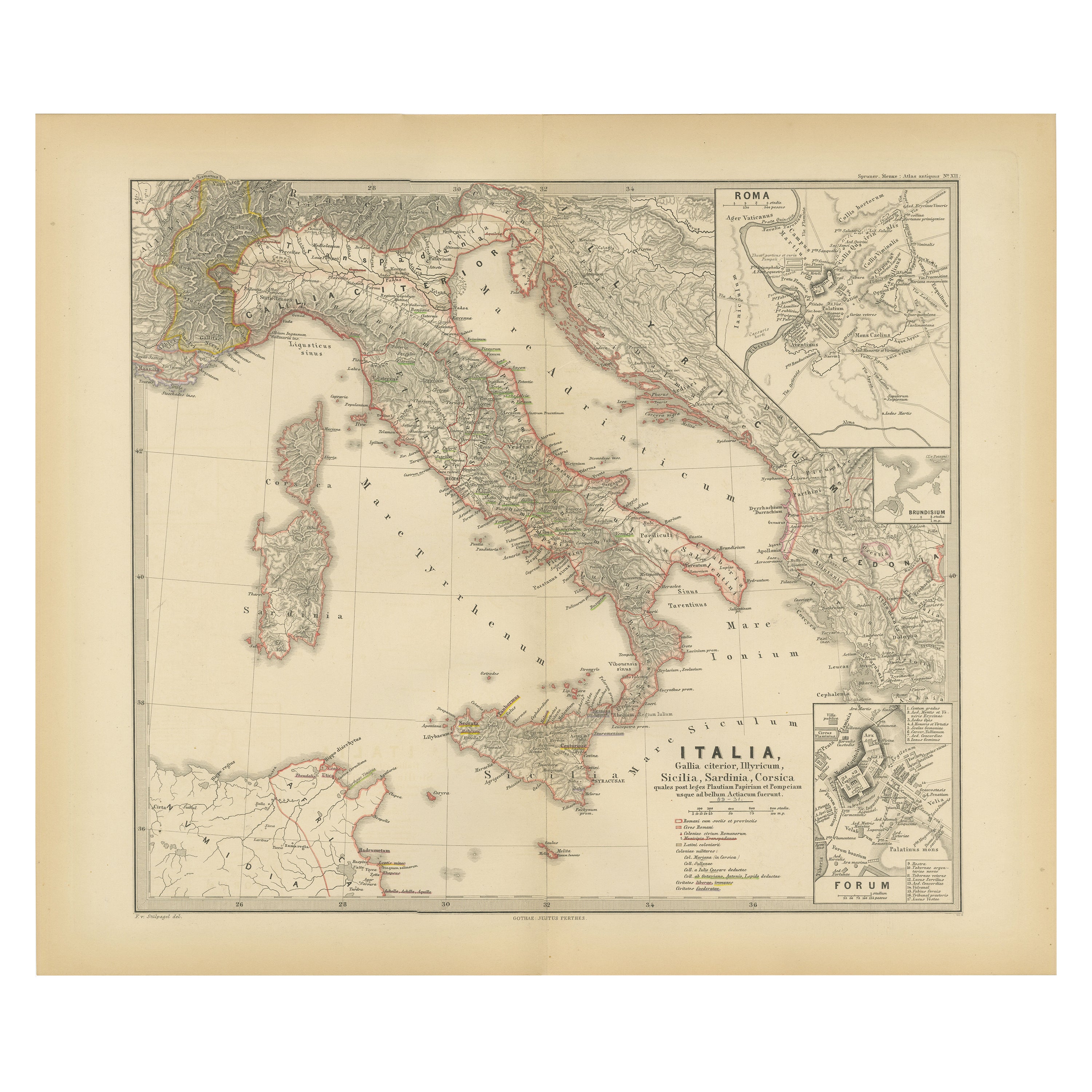 Carte de la péninsule italienne avec les îles de Sicile, Sardaigne, Corsica, 1880 en vente