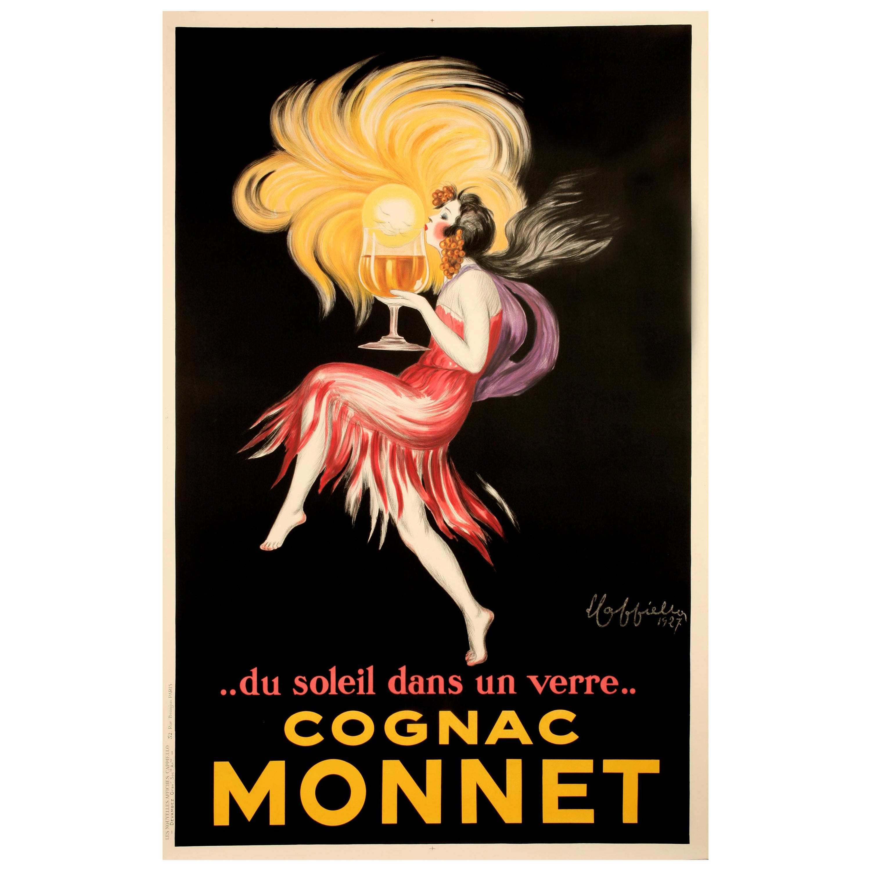 Cappiello, Affiche originale sur l'alcool, Cognac Monnet, Salamandre, Liqueur, Soleil, 1927