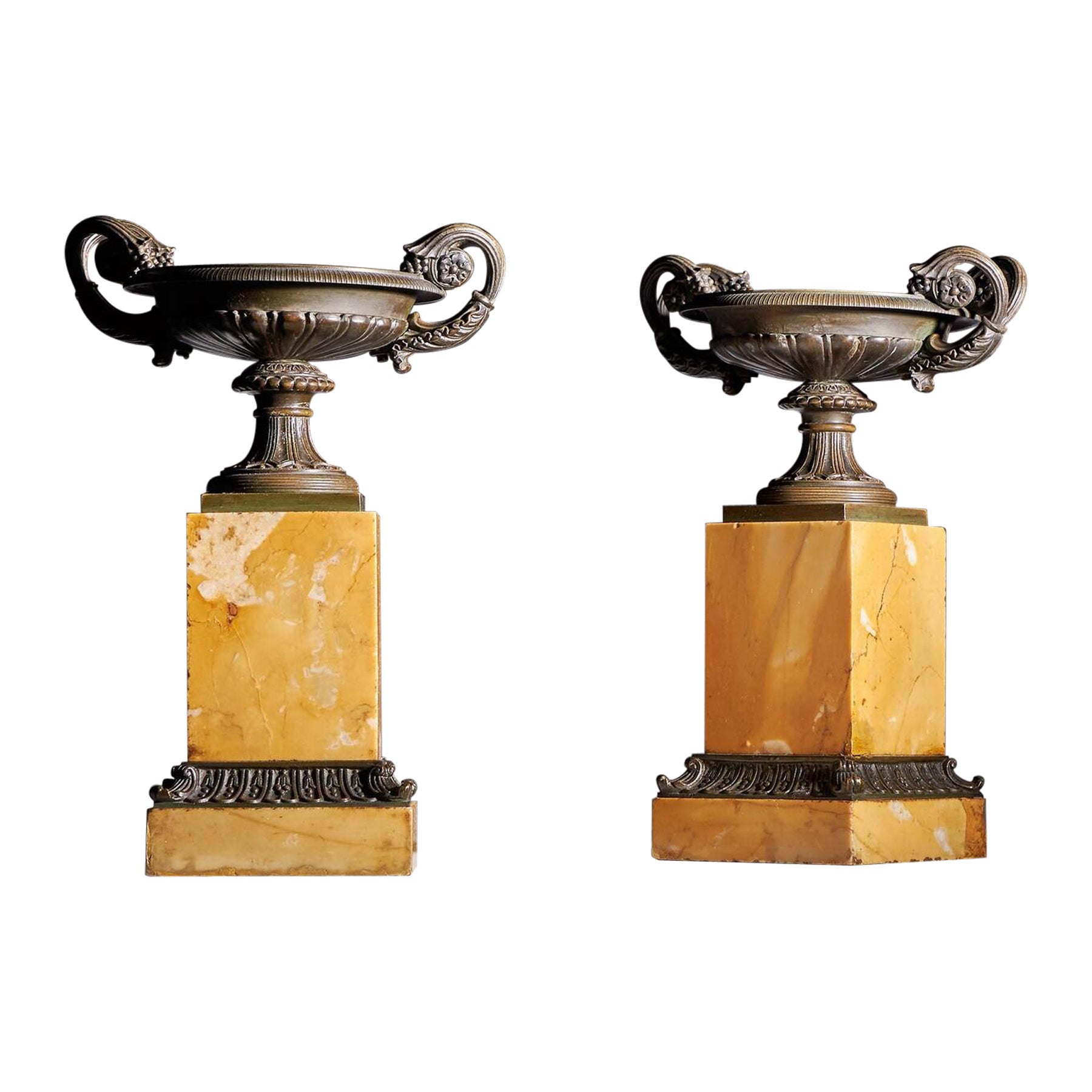 A Very Fine and Large Pair of Early 19th Century French Bronze and Marble Tazzas
