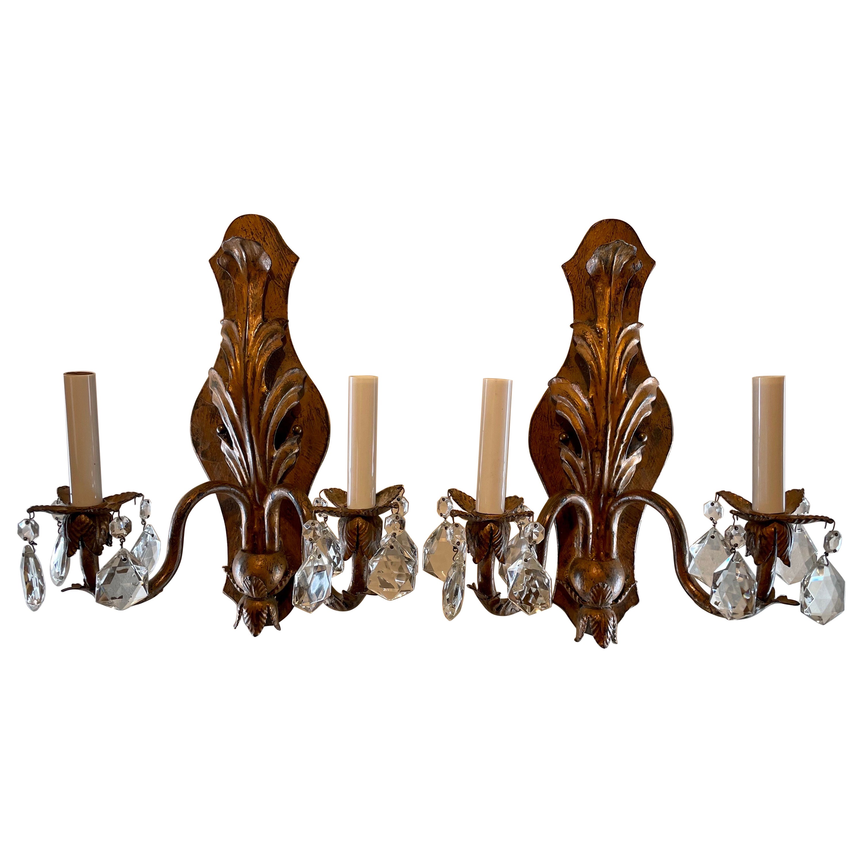 Pair Handmade Gilt Iron And Crystal Sconces Two Pairs Available For Sale