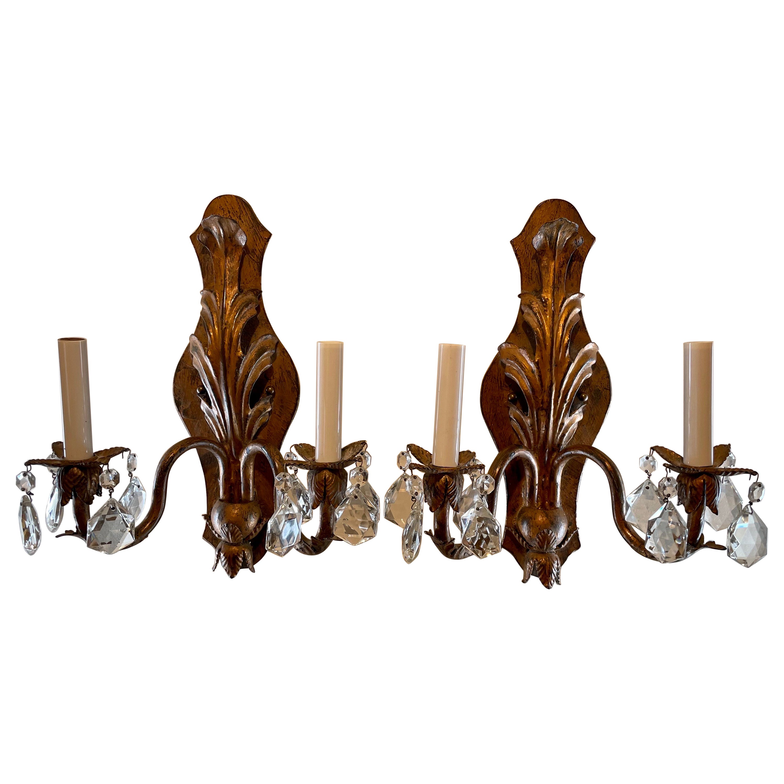 Pair Handmade Gilt Iron And Crystal Sconces Two Pairs Available