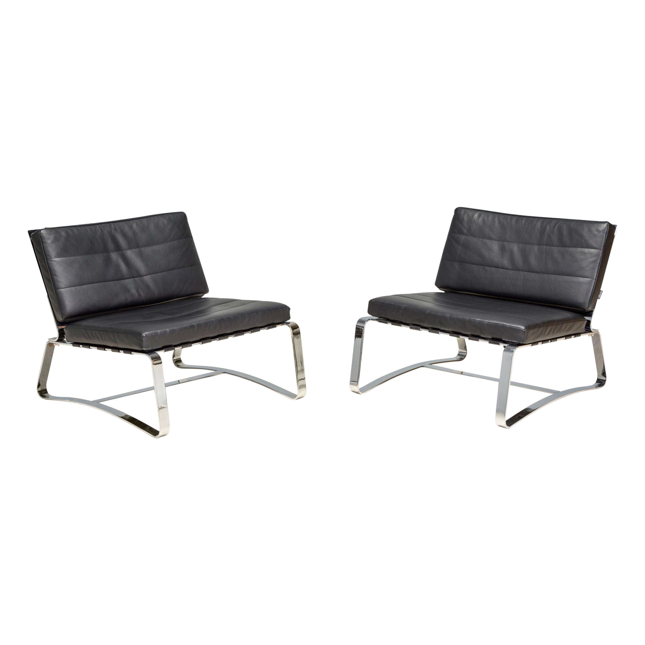 Rodolfo Dordoni for Minotti Black Leather Delaunay Lounge Chair, Set of 2 For Sale