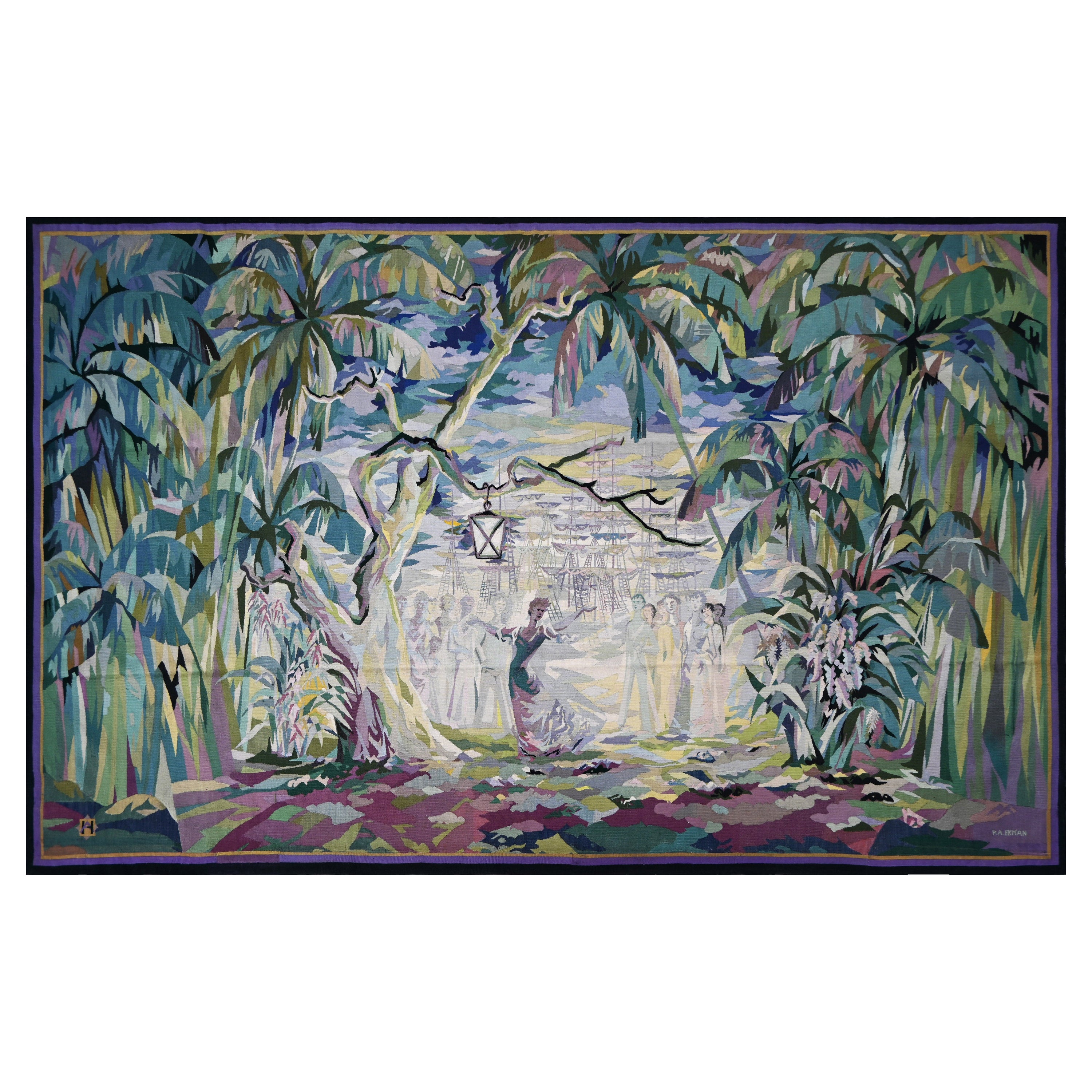 French Modern Tapestry Signed P.a. Ekman Monogram House Hamlet Aubusson , N 1376 For Sale