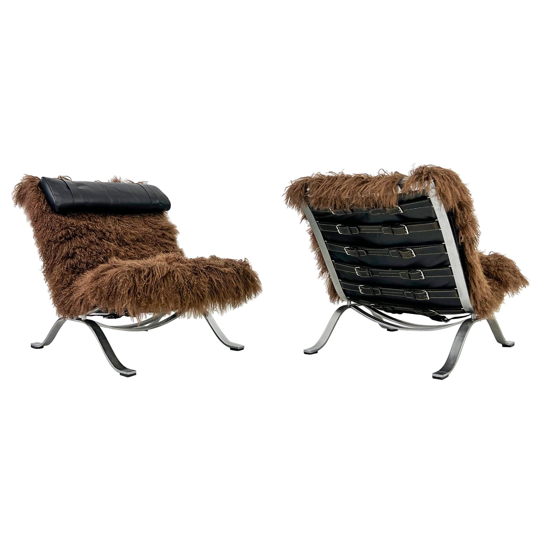 Arne Norell Ari Chairs in Mongolian Sheepskin and Leather, A Pair