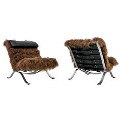 Vintage Arne Norell Ari Chairs in Mongolian Sheepskin and Leather, A Pair