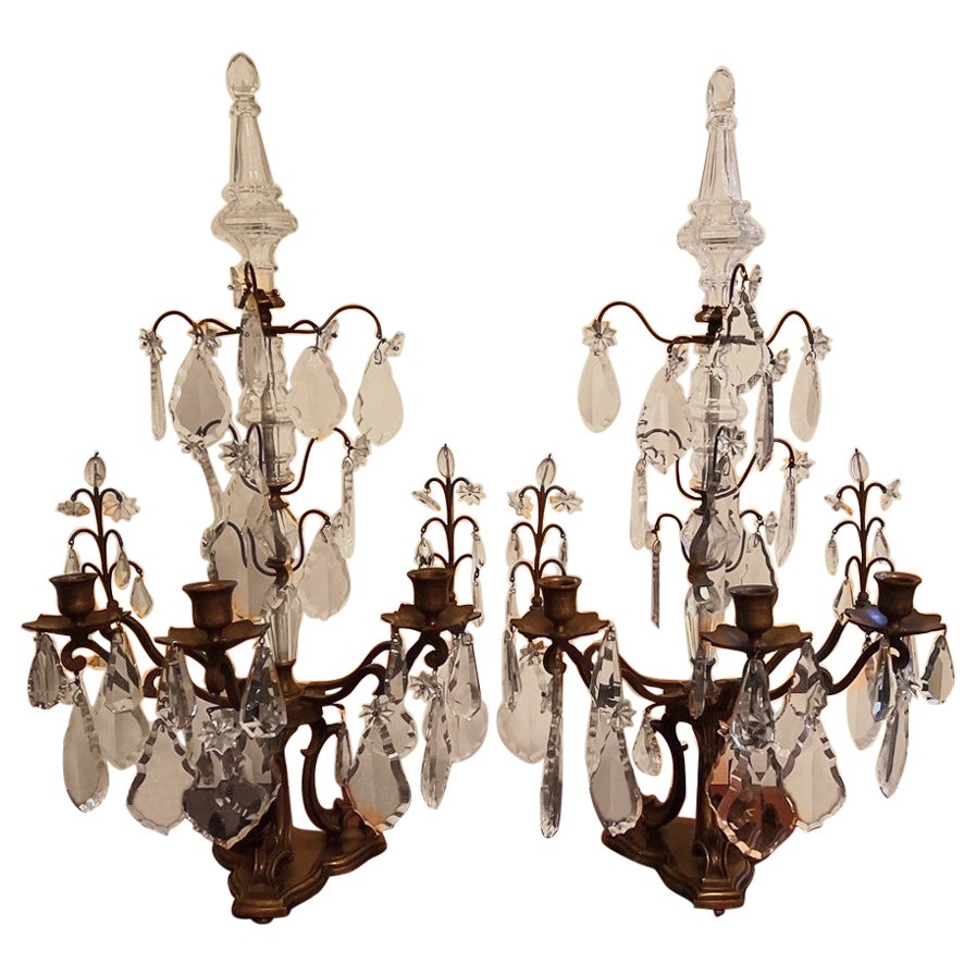 Pair Louis XV Style Bronze & Crystal Candelabras, France For Sale