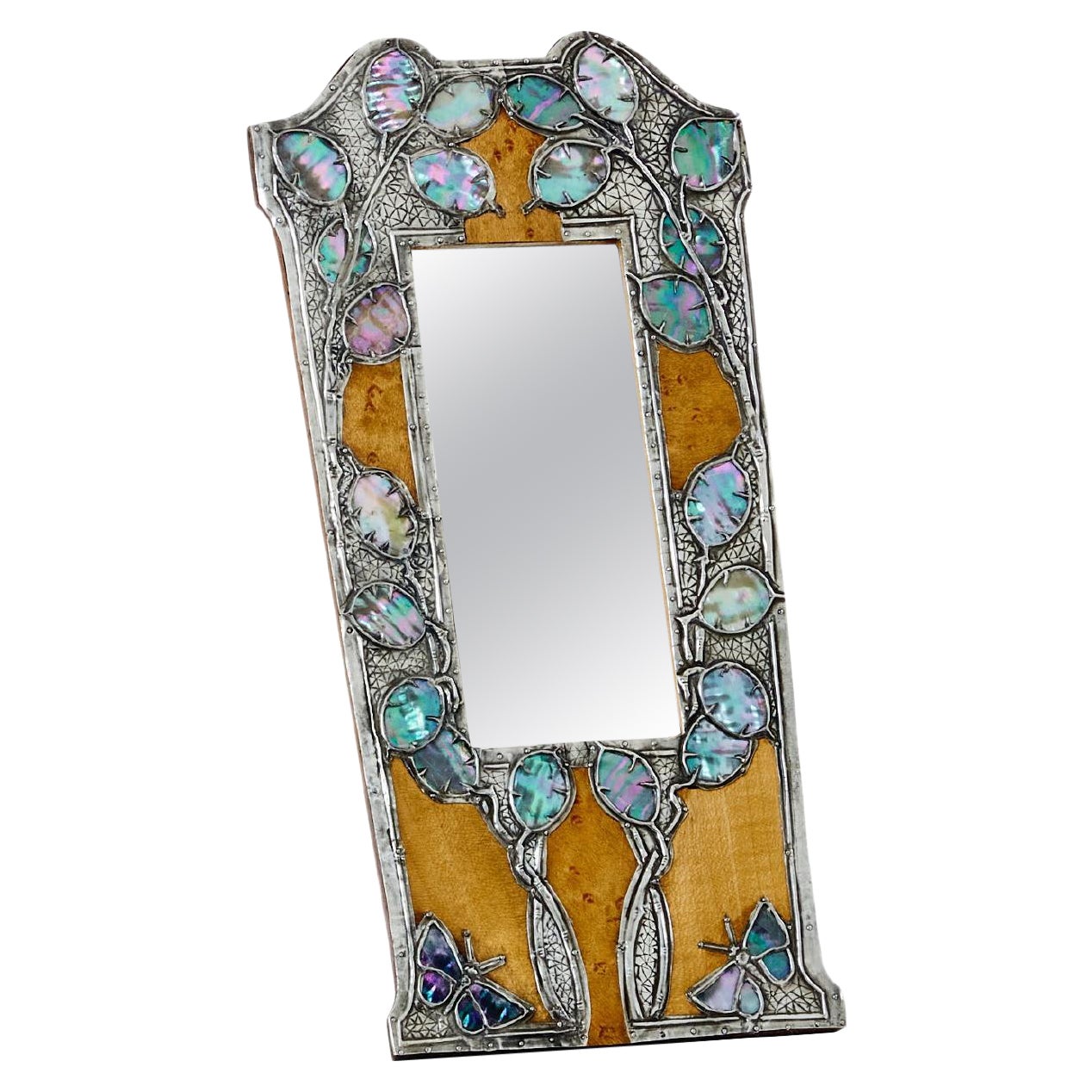 French Art Nouveau tin and amboyna burl vanity mirror 1910s For Sale
