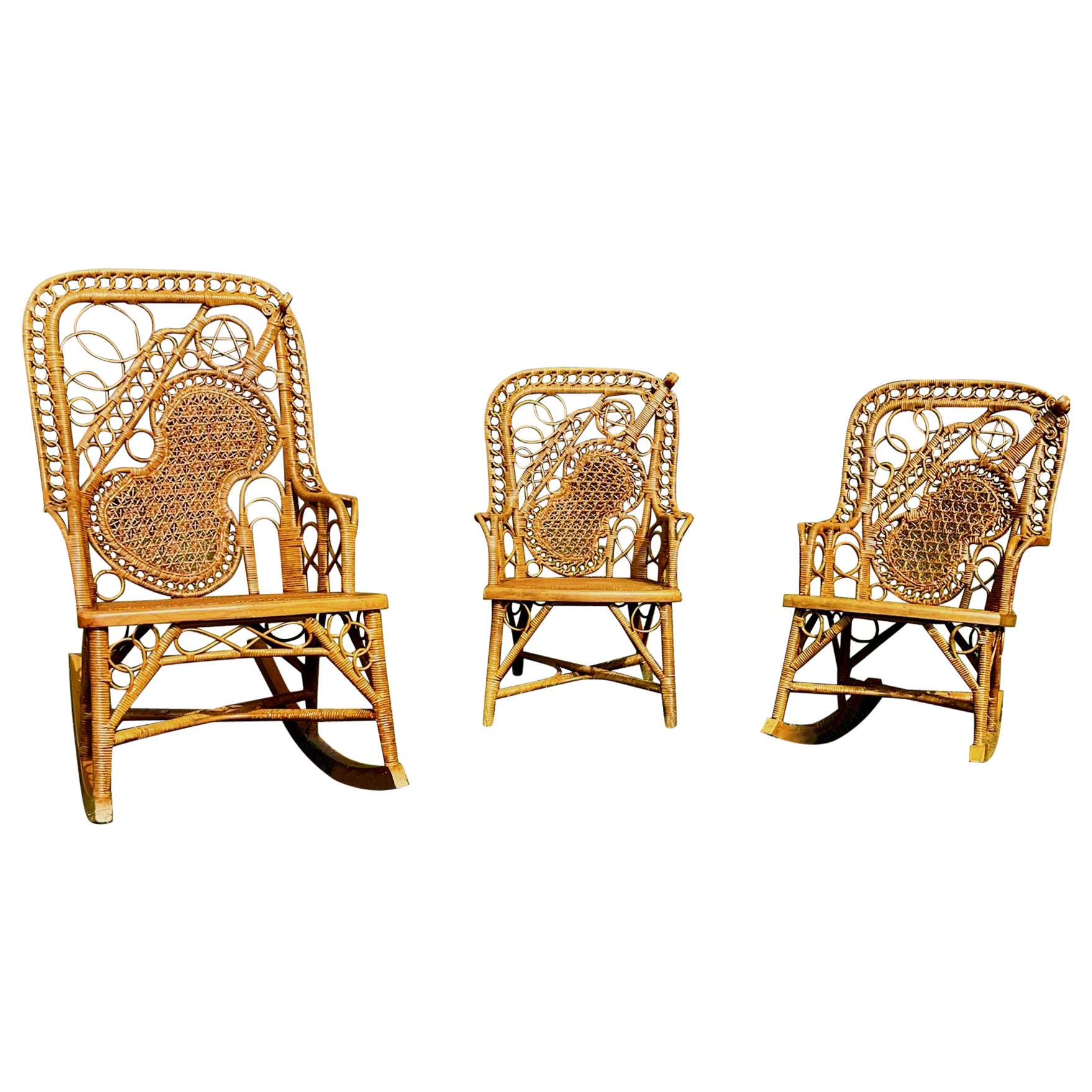 19th C. Set of Three Wicker Mother and Child Musical Motif Rockers and Chair  For Sale