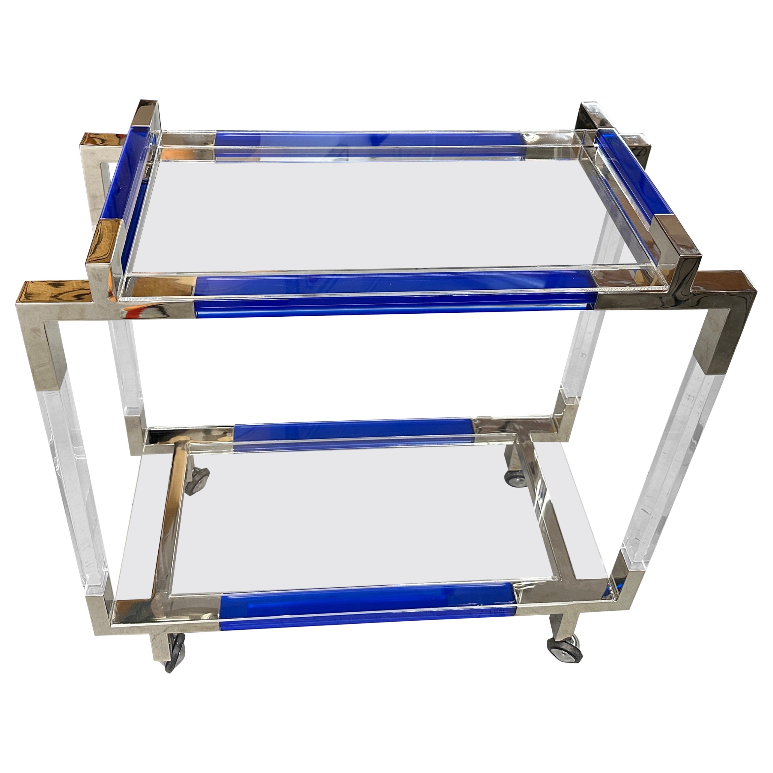 Charles Hollis Jones Blue and Clear Lucite Bar Cart For Sale