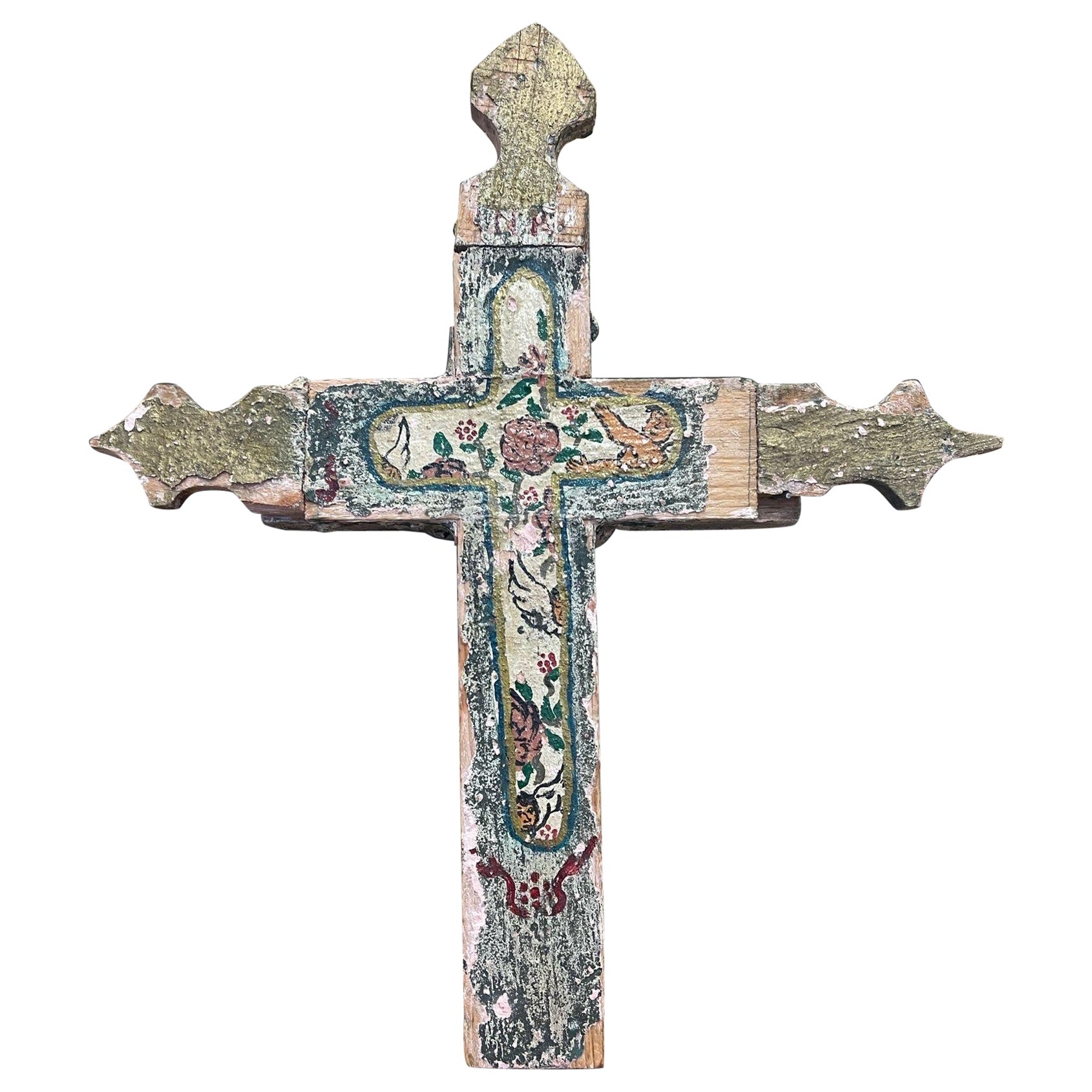 Vintage Wooden Hand Painted Cross. For Sale