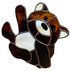 Retro Decorative Handmade Stained Glass Teddy Bear With Cup Attached.