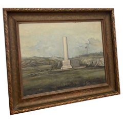 Gerahmtes Originalgemälde eines norwegischen Landhauses und eines Monuments im Vintage-Stil.