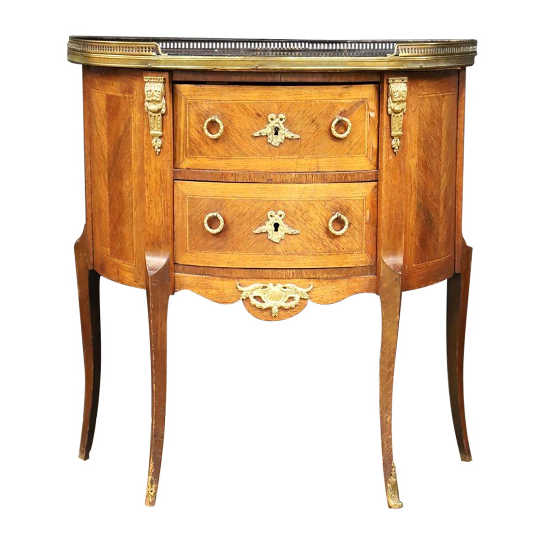 Antique Louis XVI Style Mahogany Demilune Table With Glass Top and Gallery For Sale