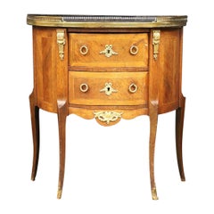 Antique Louis XVI Style Mahogany Demilune Table With Glass Top and Gallery