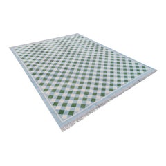 Handmade Cotton Area Flat Weave Rug, Green And Blue Checked Indian Dhurrie Rug