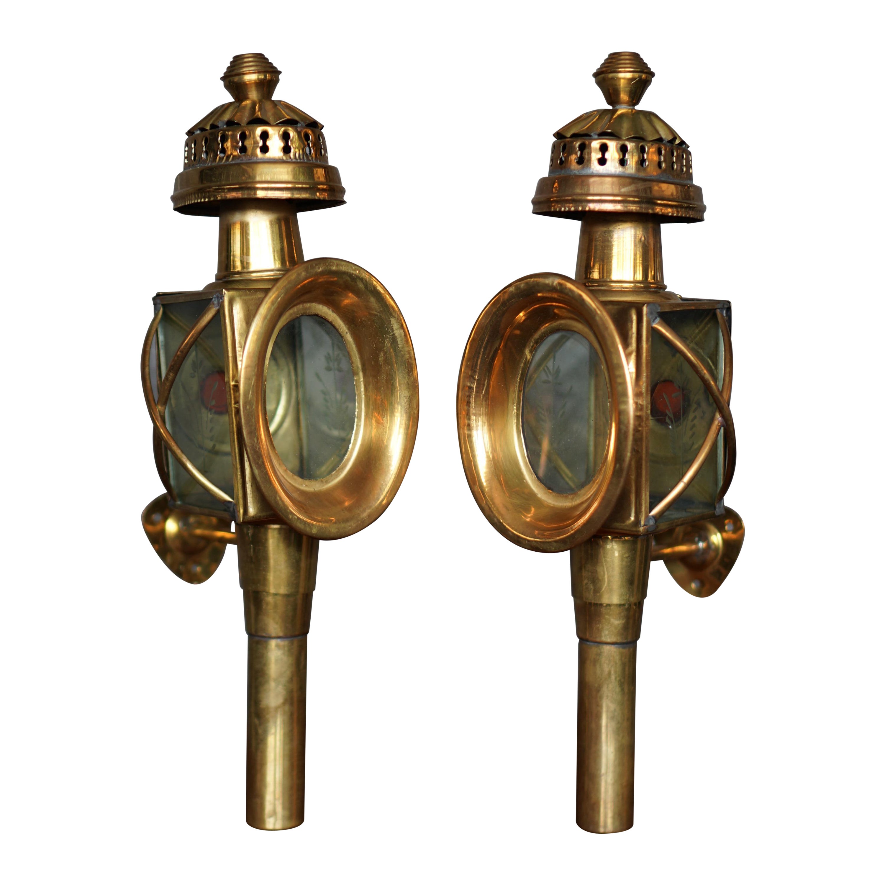 Pair of French Brass Coach Lamps With Etched Glass