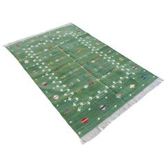 Handmade Cotton Area Flat Weave Rug, Green & White Indian Shooting Star Dhurrie