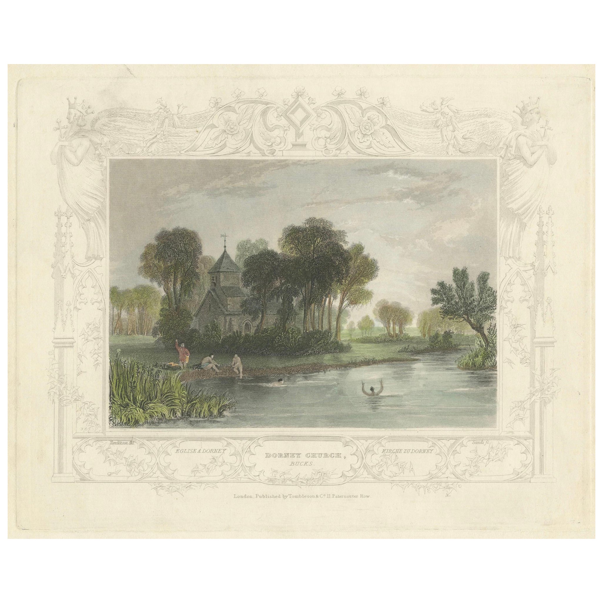 Hand-colored Engraving of Dorney Church in Buckinghamshire, England, 1835 For Sale