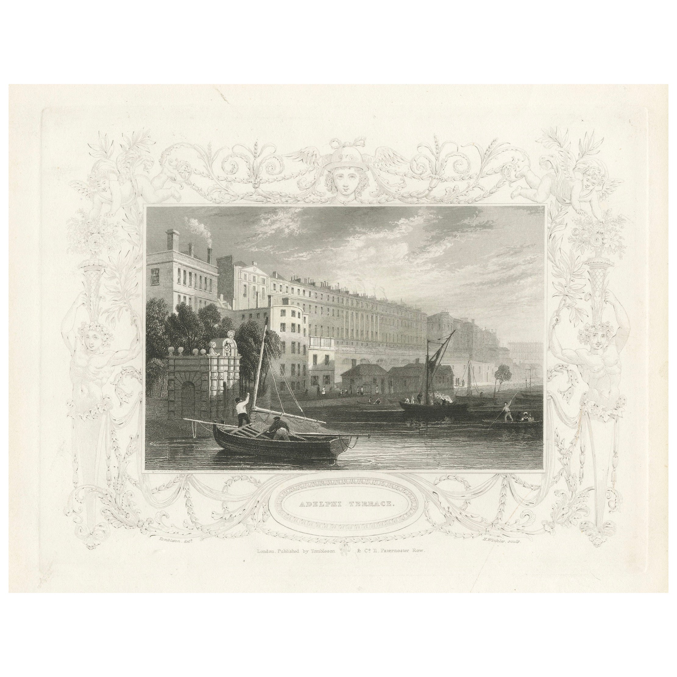 Steel Engraving of Adelphi Terrace on the Thames, London, 1835 For Sale