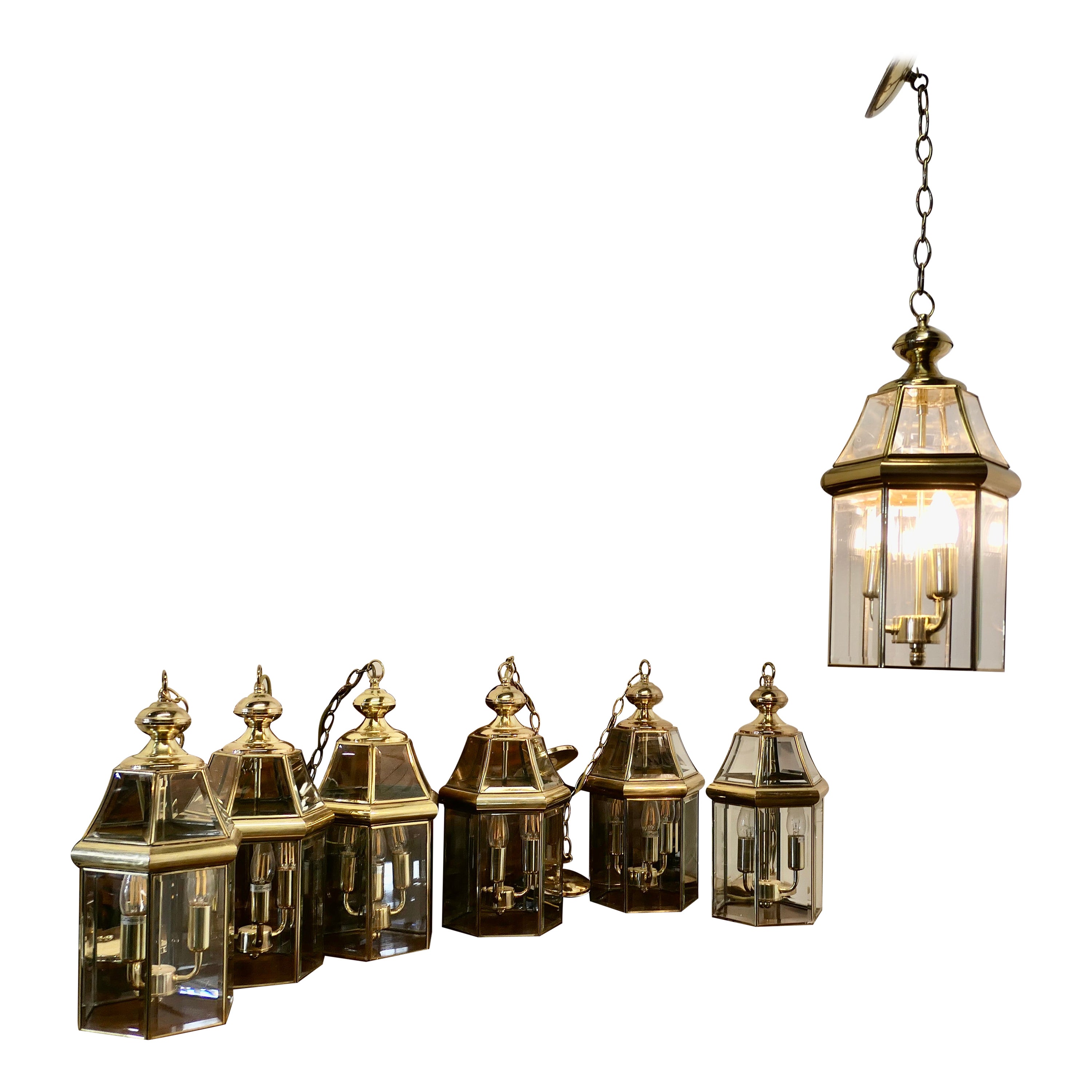  7 Art Deco Style Brass & Glass Hall Lanterns    For Sale