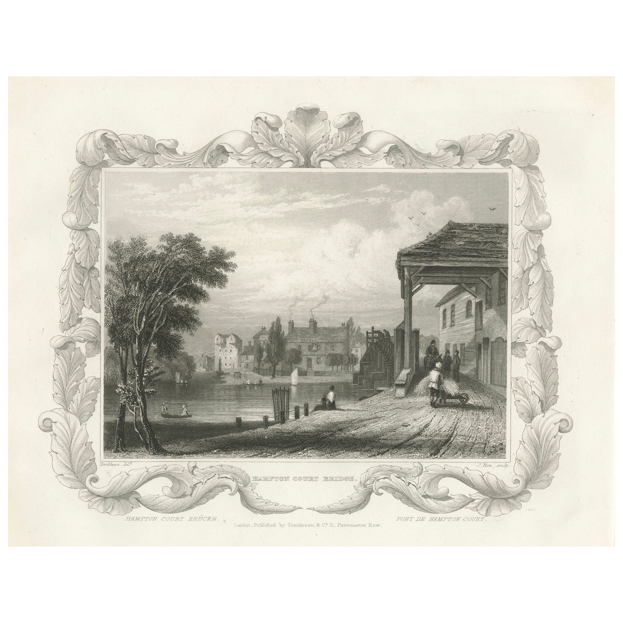 Reflective Waters and Bygone Days: The Hampton Court Bridge Engraving, 1835 For Sale